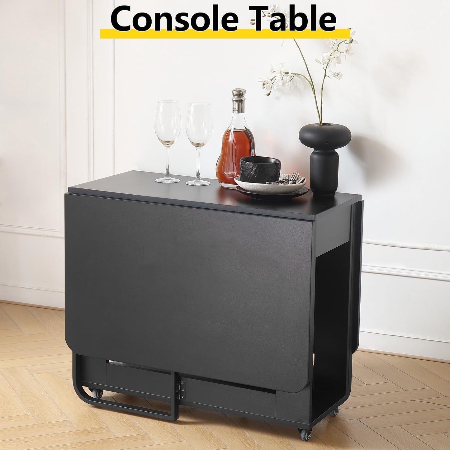 VASTATIO Folding Dining Table with Drawers, Drop Leaf Design & Lockable Wheels