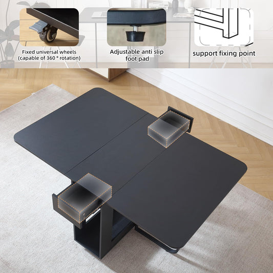 VASTATIO Folding Dining Table with Drawers, Drop Leaf Design & Lockable Wheels