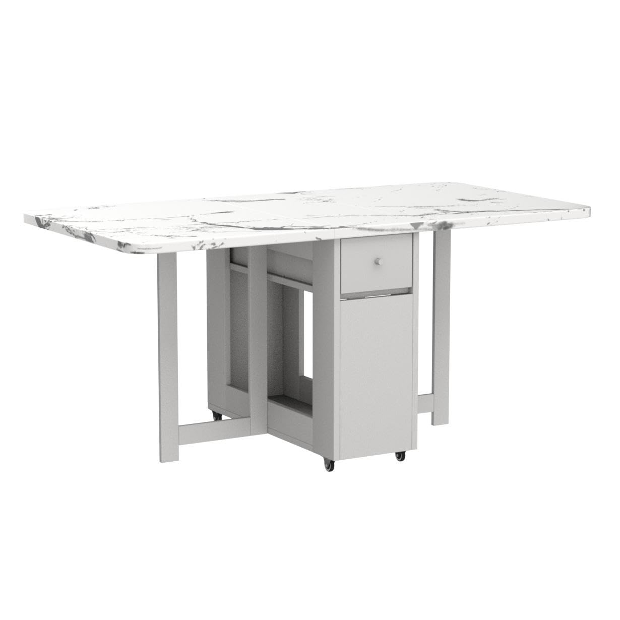 FUNROLUX Folding Dining Table with Storage Rack & Drawers - White