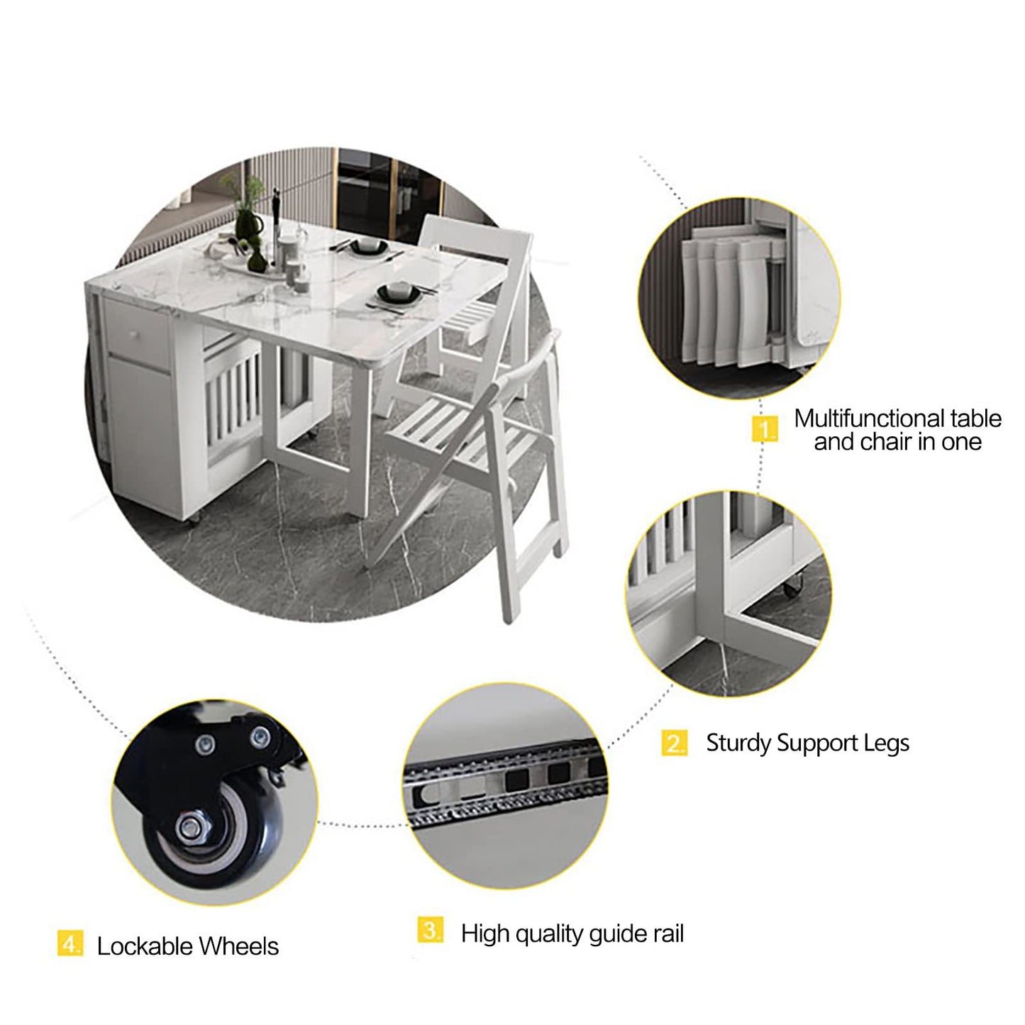 FUNROLUX Folding Dining Table with Storage Rack & Drawers - White