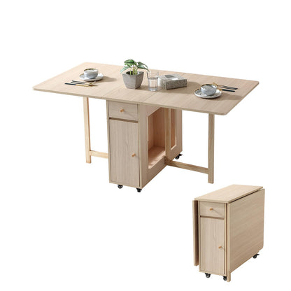 COMUHOME Extendable Folding Dining Table with Drawers & Wheels - Wood Color