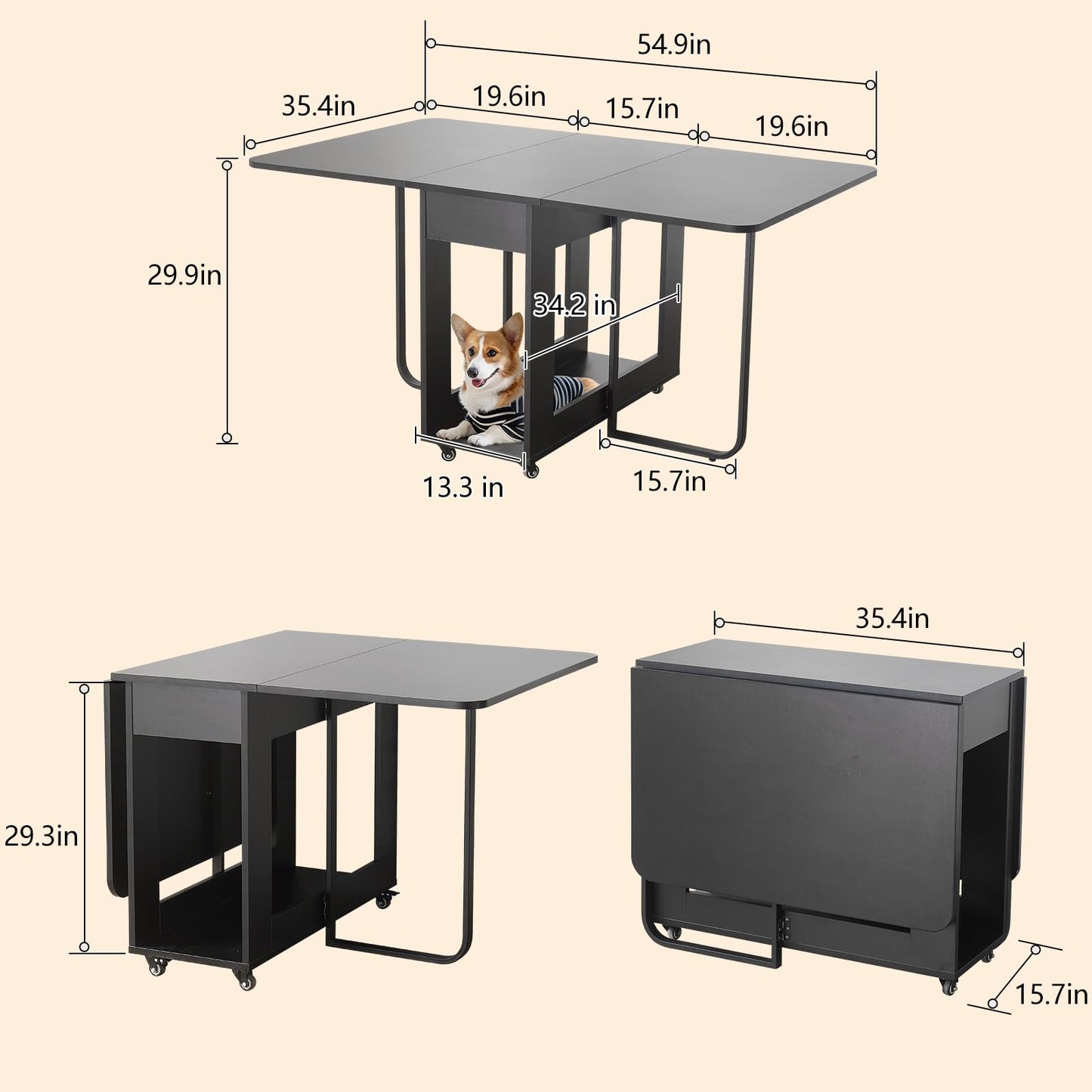 VASTATIO Folding Dining Table with Drawers, Drop Leaf Design & Lockable Wheels
