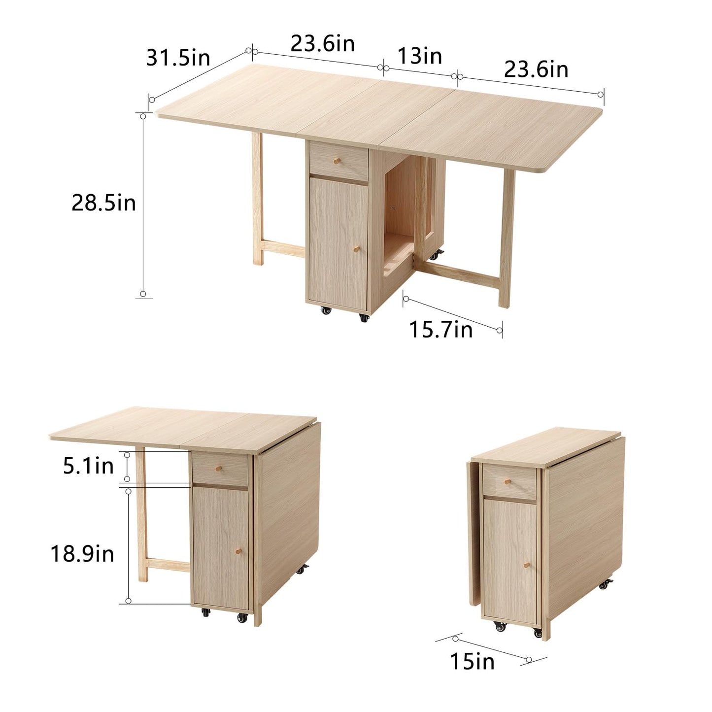 COMUHOME Extendable Folding Dining Table with Drawers & Wheels - Wood Color