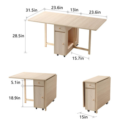 COMUHOME Extendable Folding Dining Table with Drawers & Wheels - Wood Color
