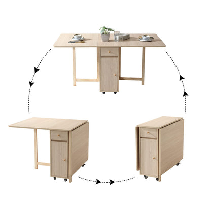 COMUHOME Extendable Folding Dining Table with Drawers & Wheels - Wood Color