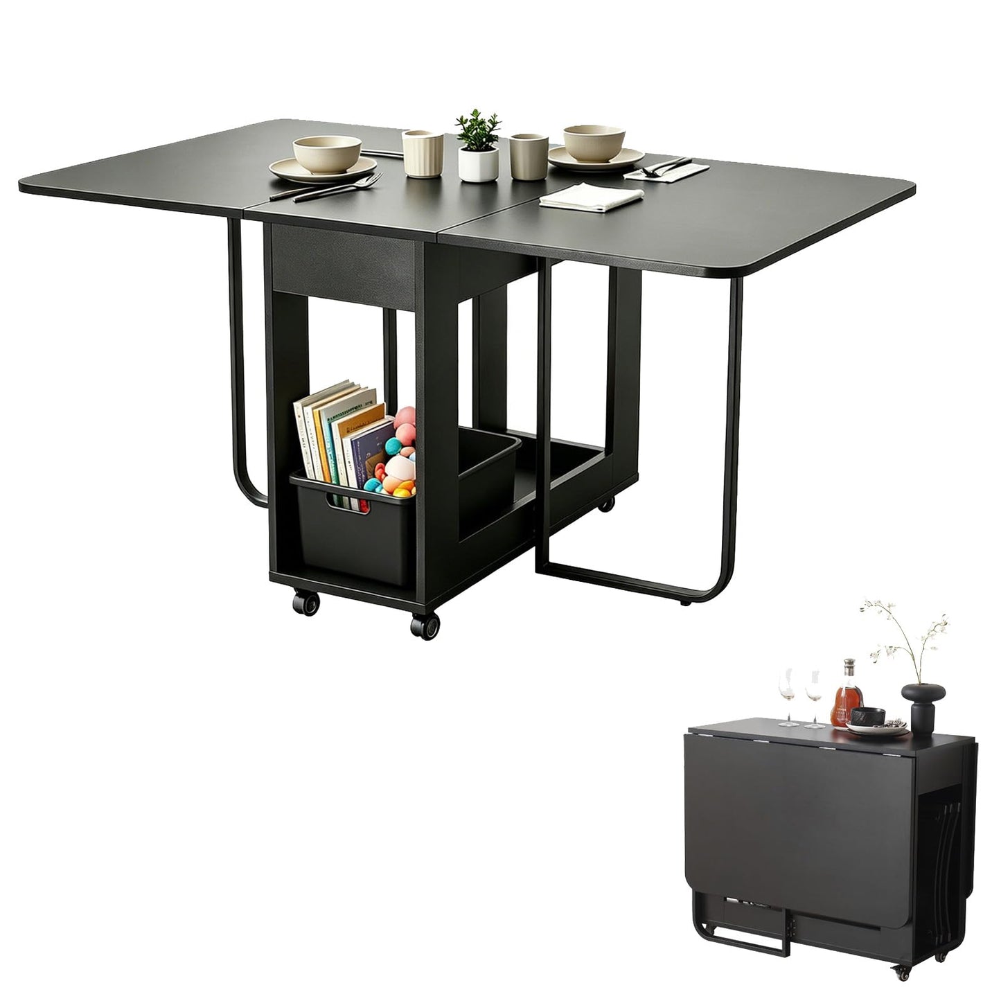 VASTATIO Folding Dining Table with Drawers, Drop Leaf Design & Lockable Wheels