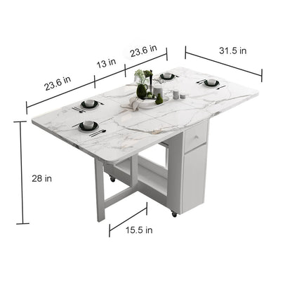 FUNROLUX Folding Dining Table with Storage Rack & Drawers - White