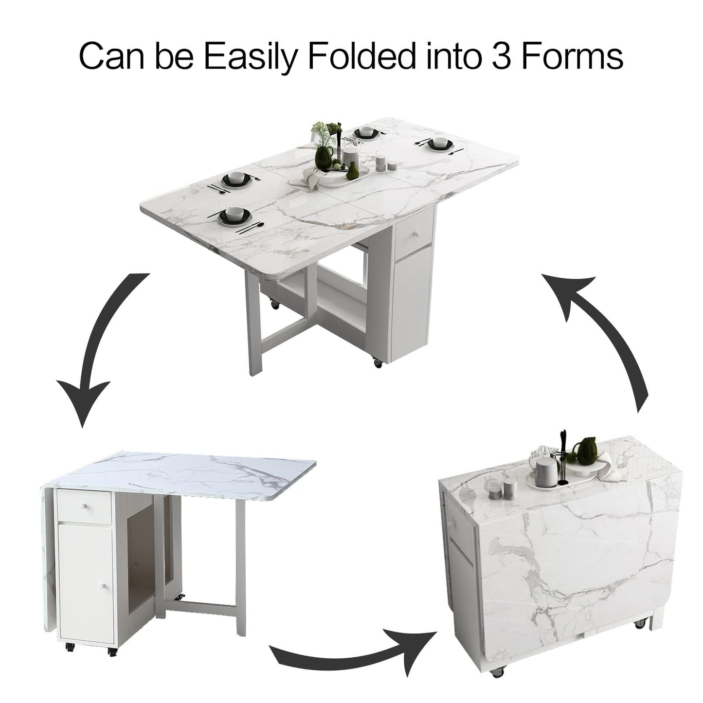 FUNROLUX Folding Dining Table with Storage Rack & Drawers - White