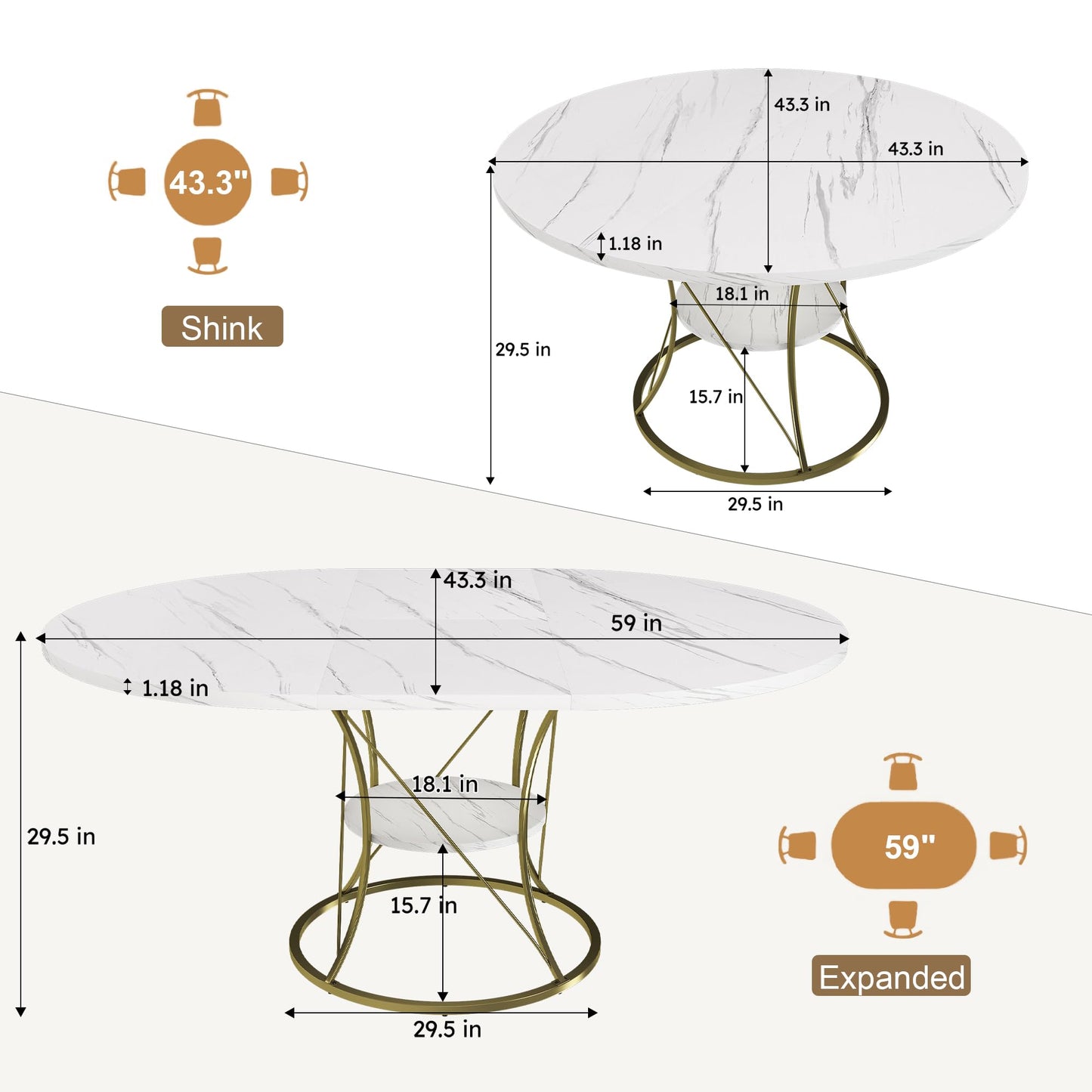 GDFStudio Extendable Round Dining Table for 4-6 with Storage Shelf & Gold Metal Base