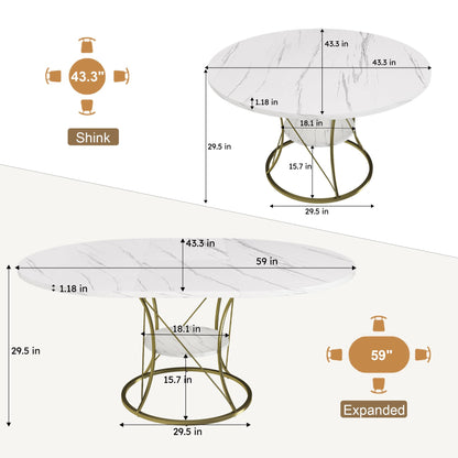 GDFStudio Extendable Round Dining Table for 4-6 with Storage Shelf & Gold Metal Base