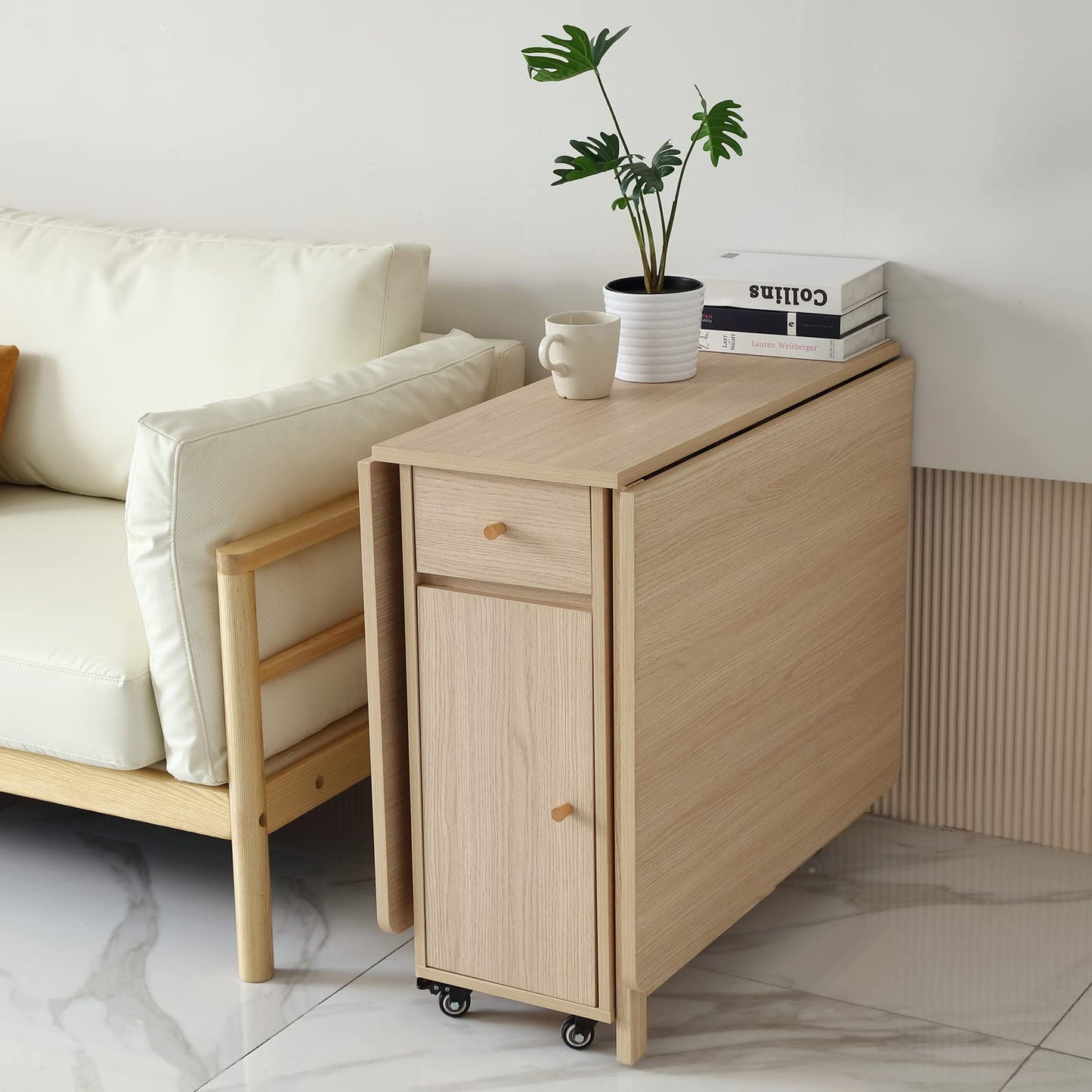 COMUHOME Extendable Folding Dining Table with Drawers & Wheels - Wood Color
