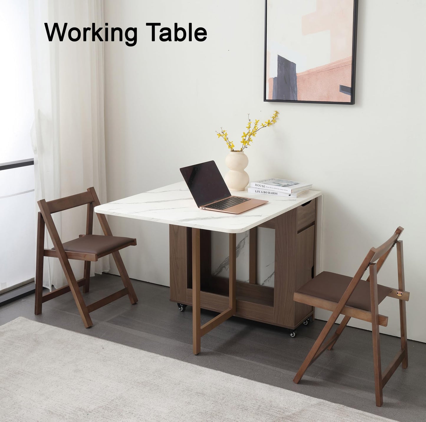 zenHarmet Foldable Extendable Dining Table with Storage & Wheels - Walnut