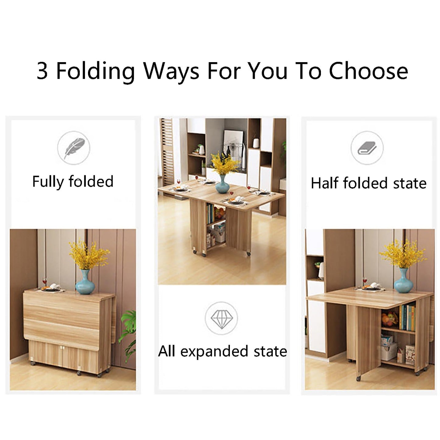 Cact Folding Dining Table with Storage Shelves & Rolling Wheels for Small Spaces