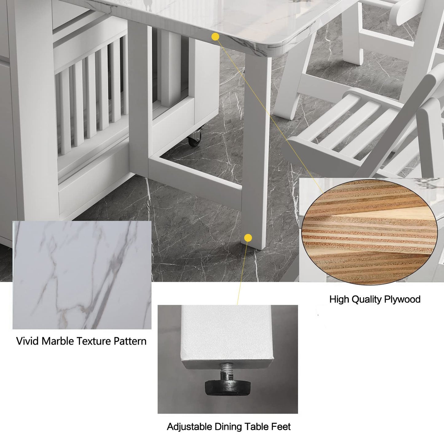 FUNROLUX Folding Dining Table with Storage Rack & Drawers - White