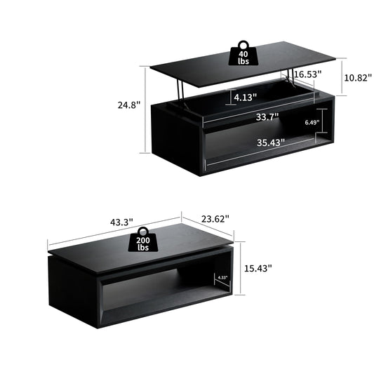 KEIKI Lift Top Coffee Table with Hydraulic Storage & Convertible Desk Design - Black