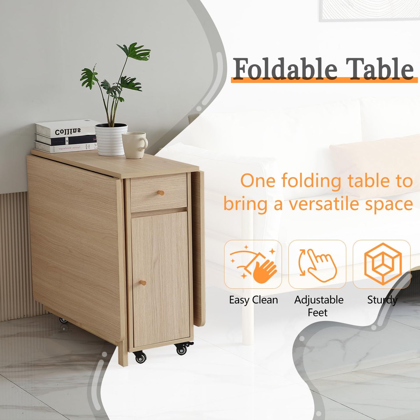 COMUHOME Extendable Folding Dining Table with Drawers & Wheels - Wood Color