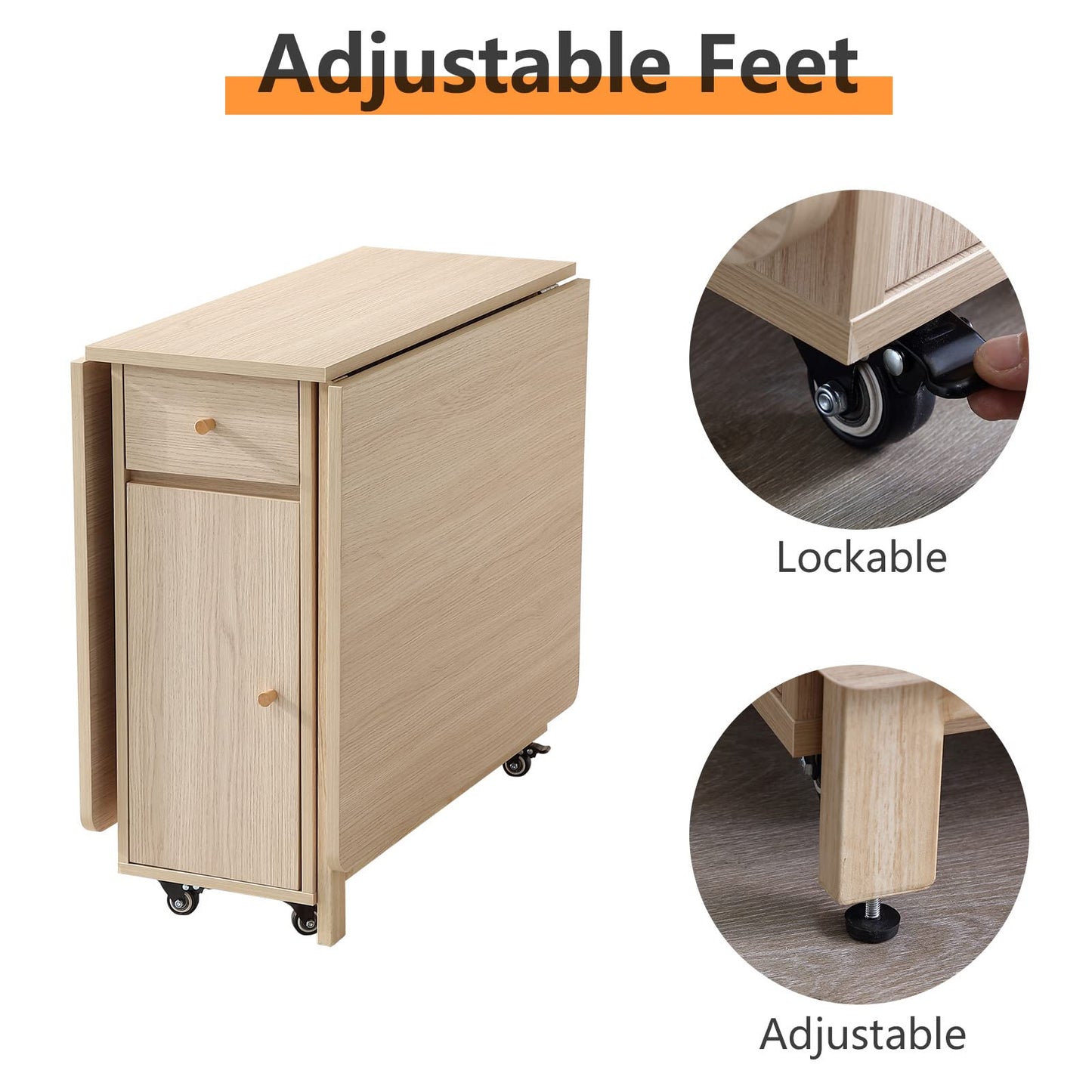 COMUHOME Extendable Folding Dining Table with Drawers & Wheels - Wood Color