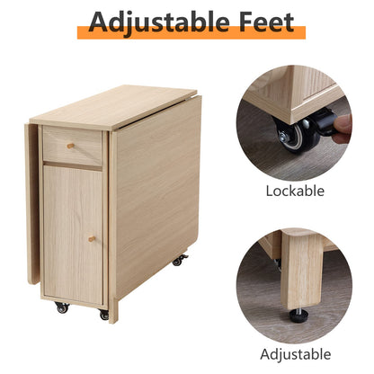 COMUHOME Extendable Folding Dining Table with Drawers & Wheels - Wood Color