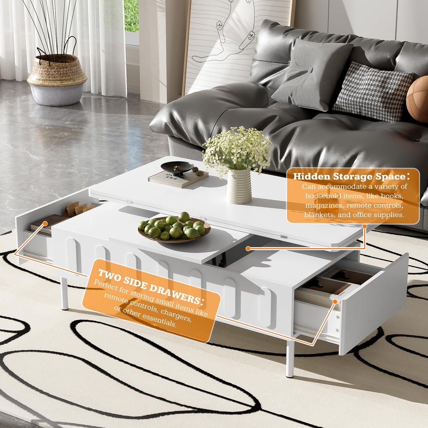 Merax Lift Top Coffee Table with Hidden Storage & Adjustable Foldable Design - White