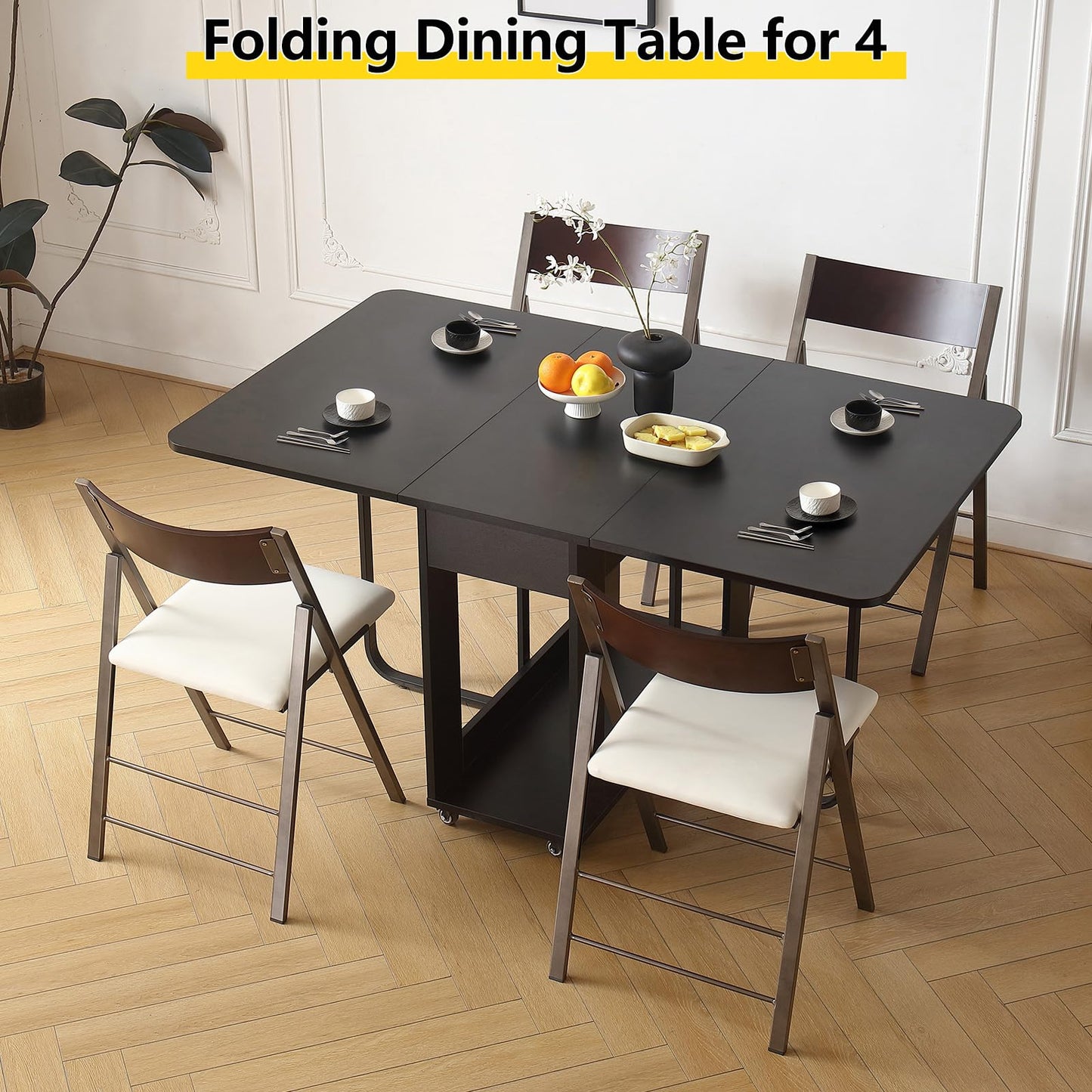 VASTATIO Folding Dining Table with Drawers, Drop Leaf Design & Lockable Wheels