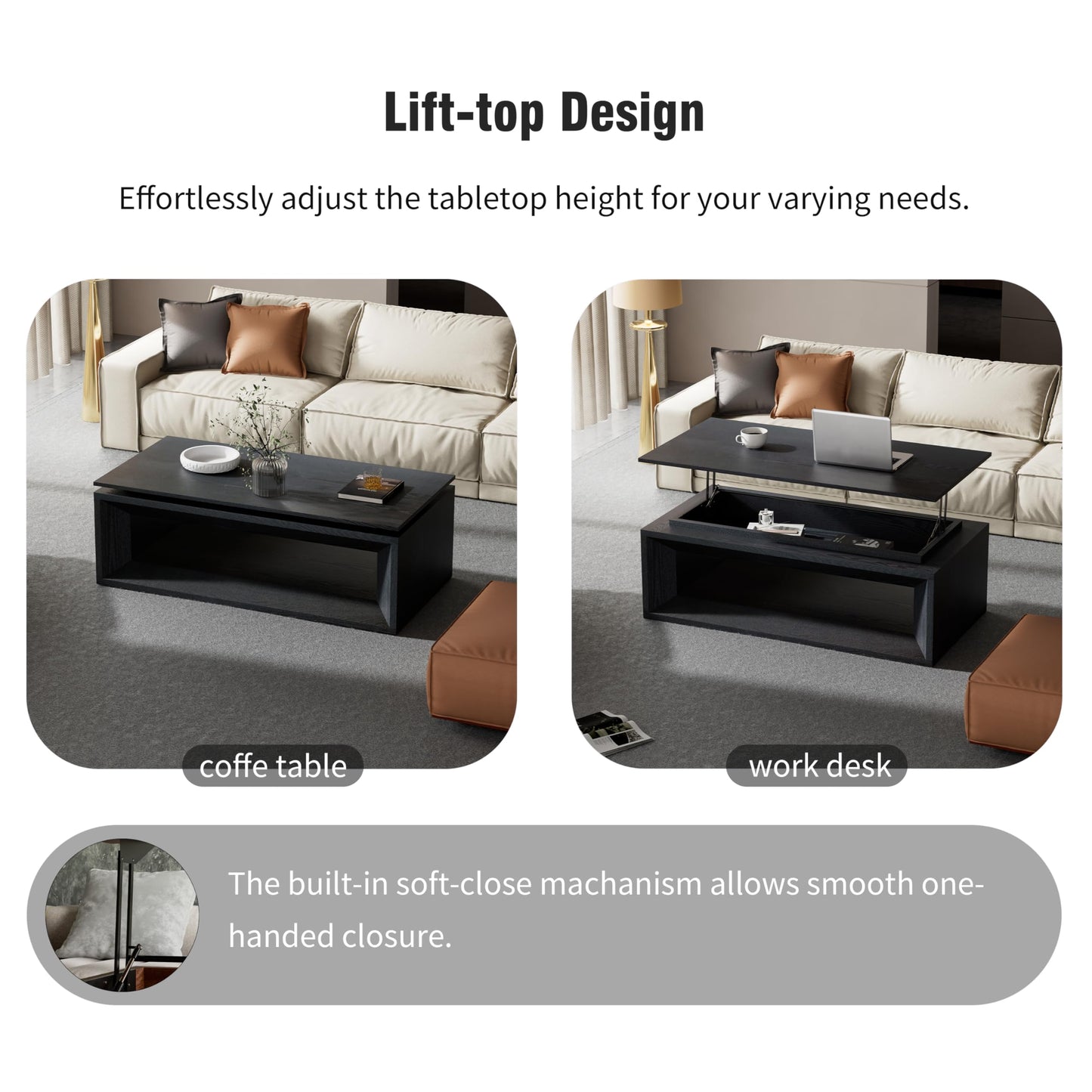 KEIKI Lift Top Coffee Table with Hydraulic Storage & Convertible Desk Design - Black