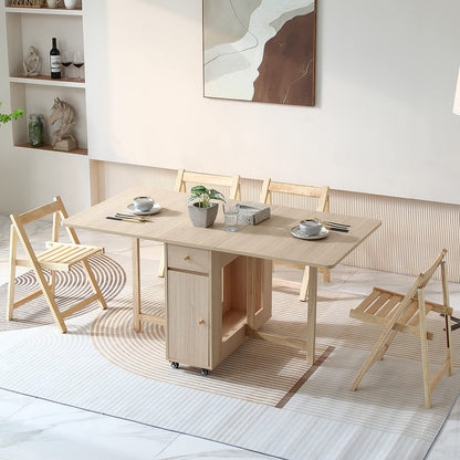 COMUHOME Extendable Folding Dining Table with Drawers & Wheels - Wood Color