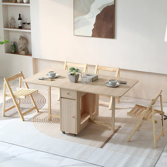 COMUHOME Extendable Folding Dining Table with Drawers & Wheels - Wood Color