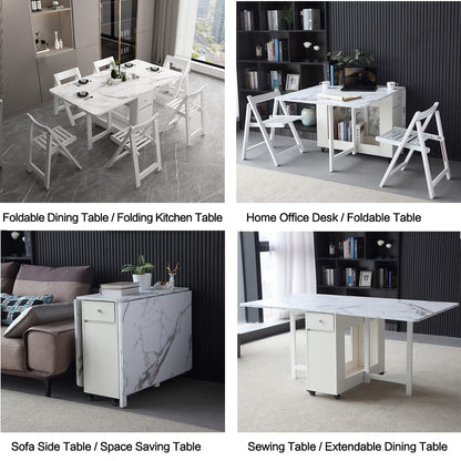 FUNROLUX Folding Dining Table with Storage Rack & Drawers - White