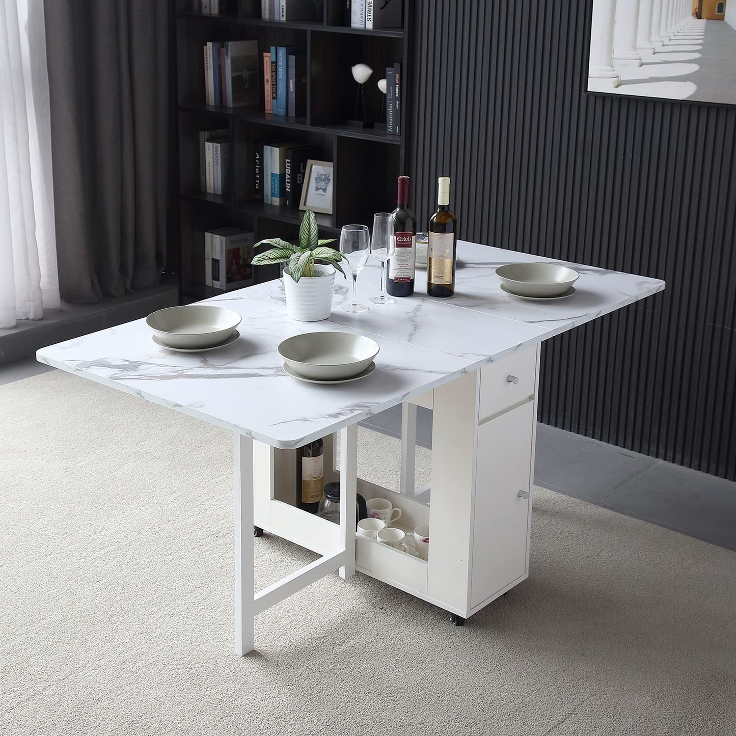 FUNROLUX Folding Dining Table with Storage Rack & Drawers - White