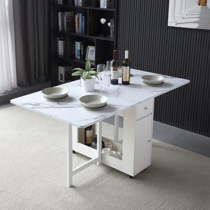 FUNROLUX Folding Dining Table with Storage Rack & Drawers - White