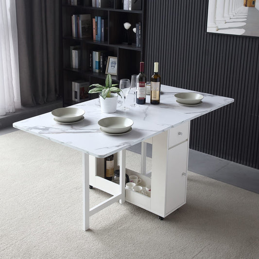 FUNROLUX Folding Dining Table with Storage Rack & Drawers - White