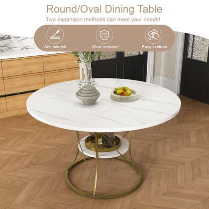 GDFStudio Extendable Round Dining Table for 4-6 with Storage Shelf & Gold Metal Base