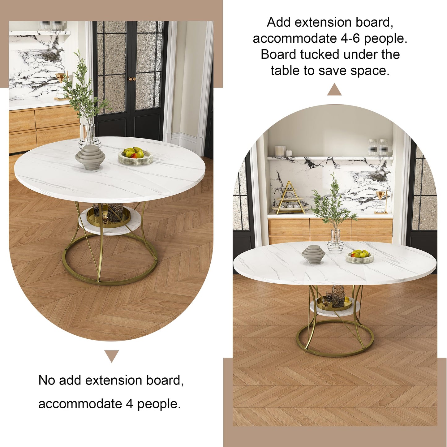 GDFStudio Extendable Round Dining Table for 4-6 with Storage Shelf & Gold Metal Base