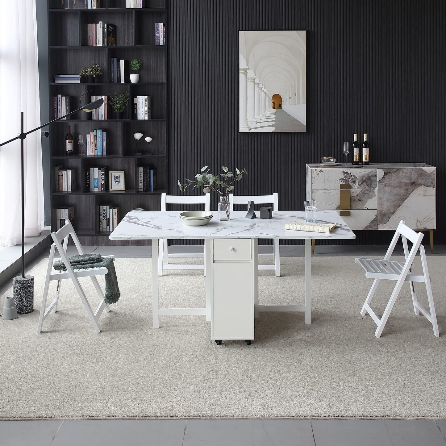 FUNROLUX Folding Dining Table with Storage Rack & Drawers - White