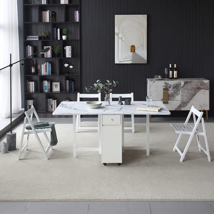 FUNROLUX Folding Dining Table with Storage Rack & Drawers - White