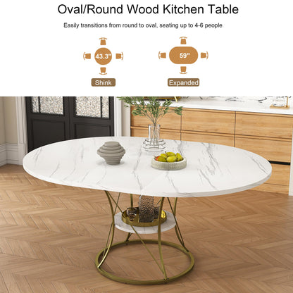 GDFStudio Extendable Round Dining Table for 4-6 with Storage Shelf & Gold Metal Base