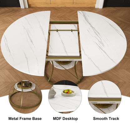 GDFStudio Extendable Round Dining Table for 4-6 with Storage Shelf & Gold Metal Base