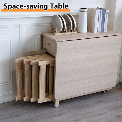 COMUHOME Extendable Folding Dining Table with Drawers & Wheels - Wood Color