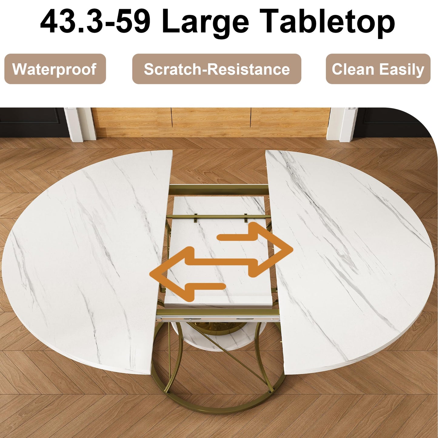 GDFStudio Extendable Round Dining Table for 4-6 with Storage Shelf & Gold Metal Base
