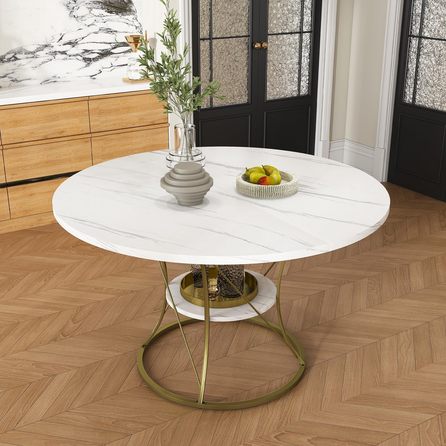 GDFStudio Extendable Round Dining Table for 4-6 with Storage Shelf & Gold Metal Base