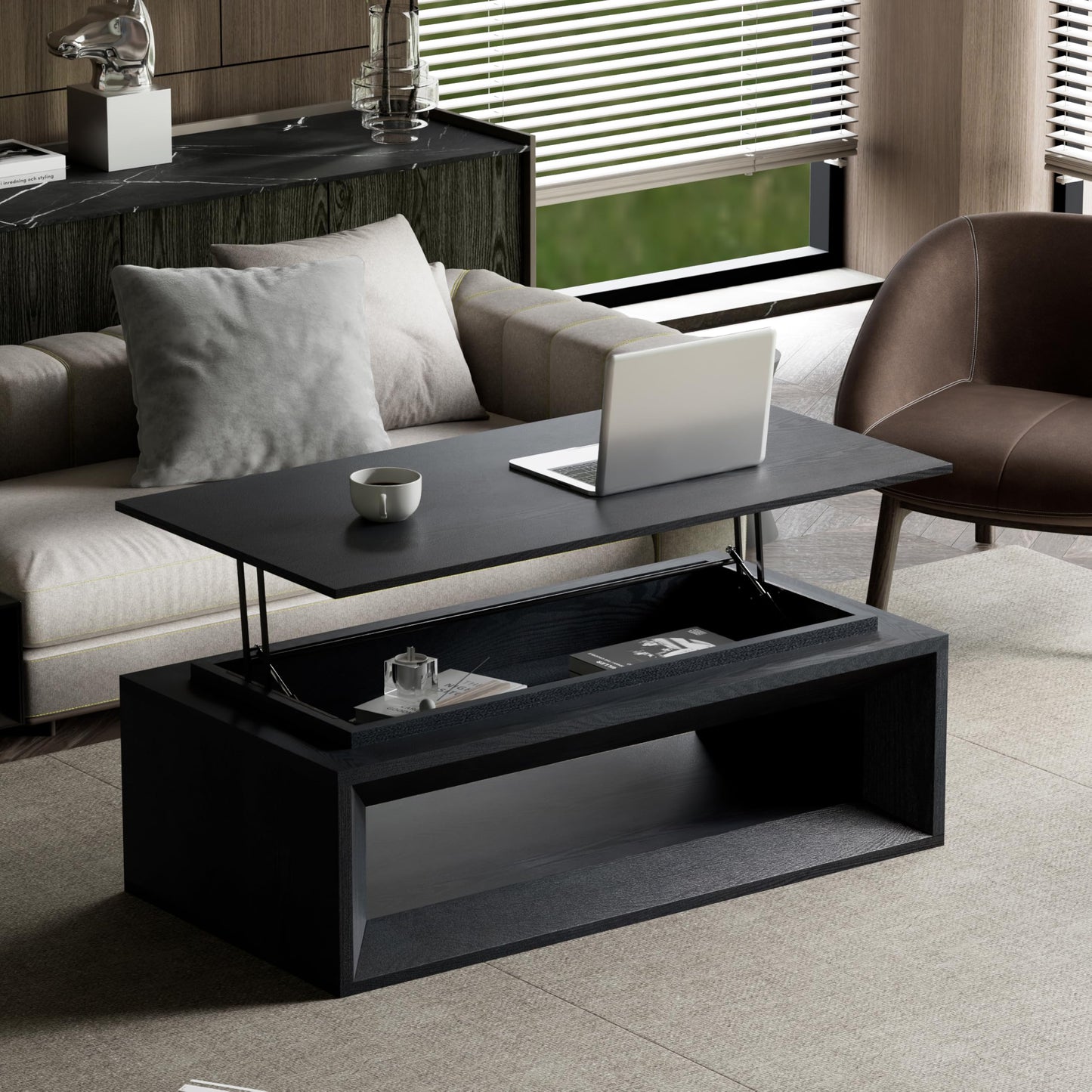KEIKI Lift Top Coffee Table with Hydraulic Storage & Convertible Desk Design - Black