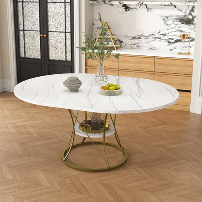 GDFStudio Extendable Round Dining Table for 4-6 with Storage Shelf & Gold Metal Base
