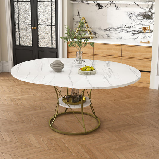 GDFStudio Extendable Round Dining Table for 4-6 with Storage Shelf & Gold Metal Base