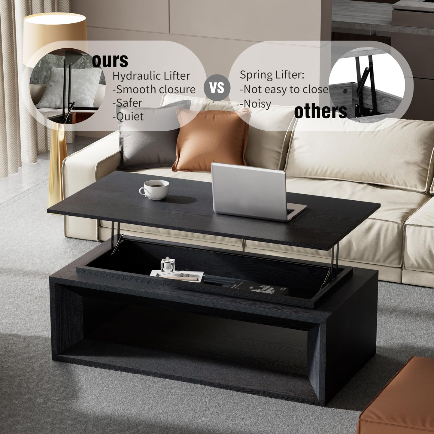 KEIKI Lift Top Coffee Table with Hydraulic Storage & Convertible Desk Design - Black