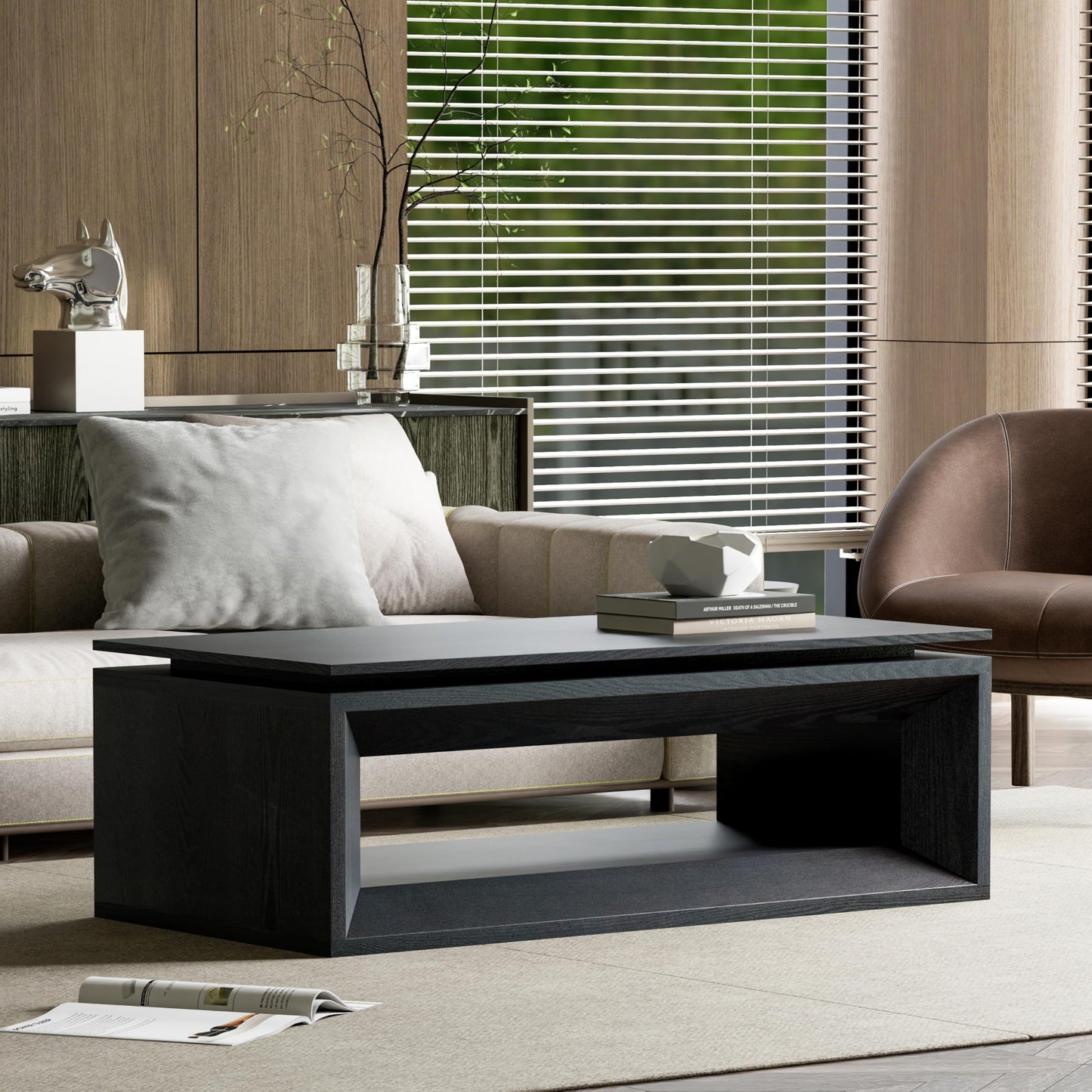 KEIKI Lift Top Coffee Table with Hydraulic Storage & Convertible Desk Design - Black